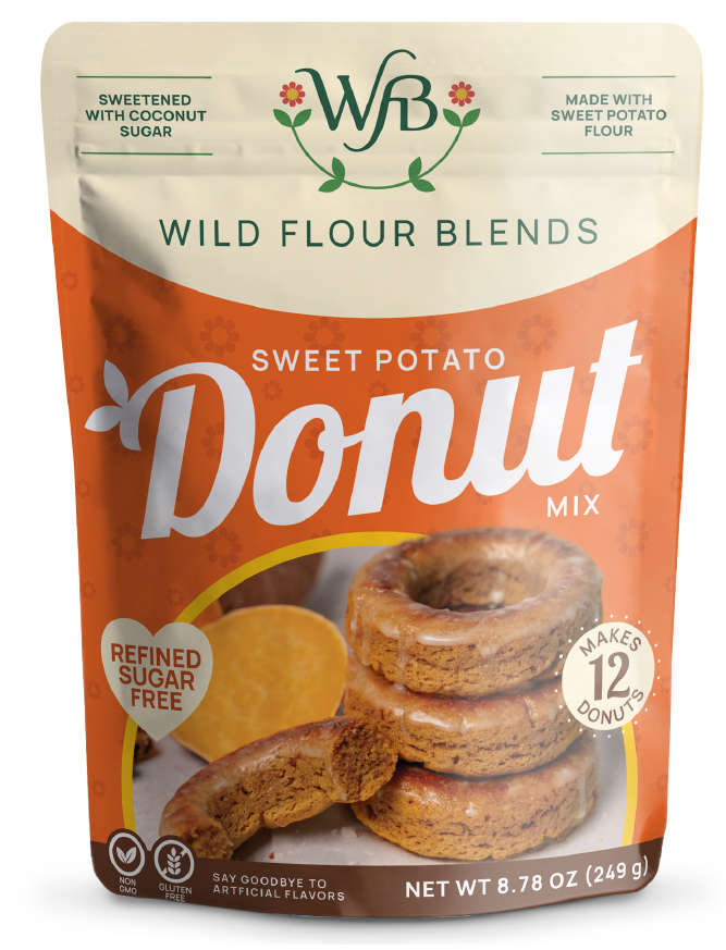 Wild Flour Blends Sweet Potato Donut Mix bag, with green floral logo and orange packaging